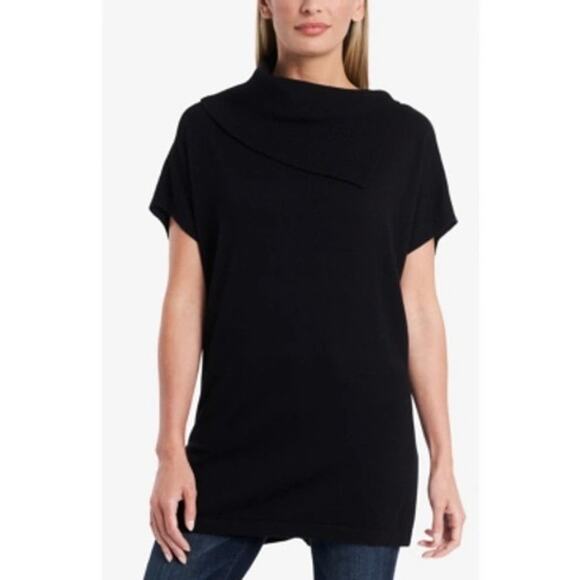 Vince Camuto Foldover Split Neck Short Sleeve Black Knit Tunic Sweater Size M - Picture 1 of 10